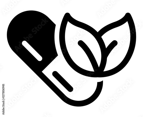 A capsule pill with two leaves representing herbal medicine organic supplements and natural health products.