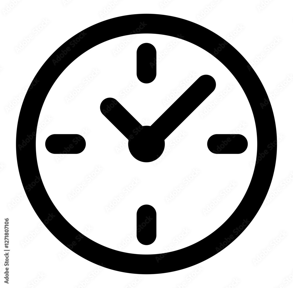 A black and white clock icon displaying time commonly used to represent punctuality scheduling deadlines, or duration in various contexts. A black and white clock icon displaying time commonly used to represent punctuality scheduling deadlines, or duration in various contexts.