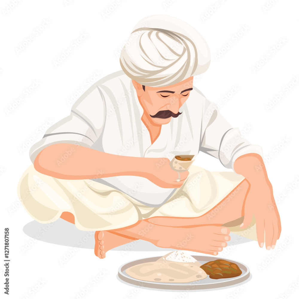 Indian village man eating food, farmers having lunch sitting at ground Indian village man eating food, farmers having lunch sitting at ground