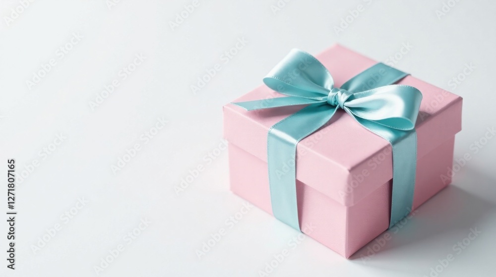 Obraz premium A delicately tied light blue ribbon adorns a pale pink gift box, presented against a simple white backdrop.