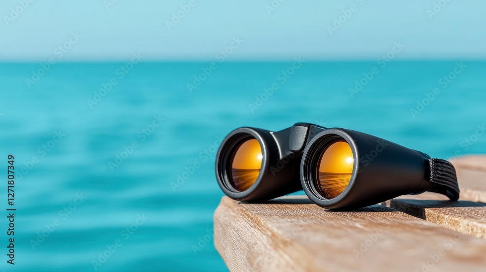 Obraz premium Black Binoculars on Wooden Table Overlooking Vast Blue Sea for Travel and