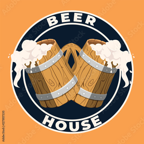 Vector logo for Beer House, brown decorative sign board with illustration of full beer glass with foam. Original vintage retro art badge ciecle logo design template