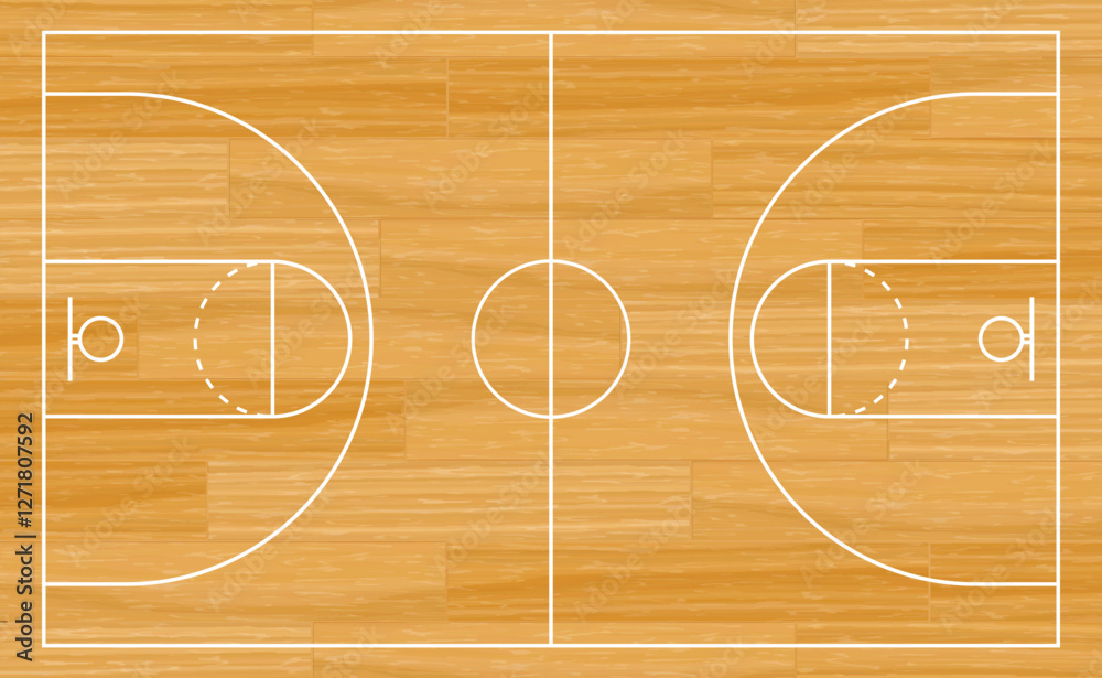 Fototapeta premium Basketball court. Basket ball field playground stadium layout with orange wooden texture. Vector EPS 10