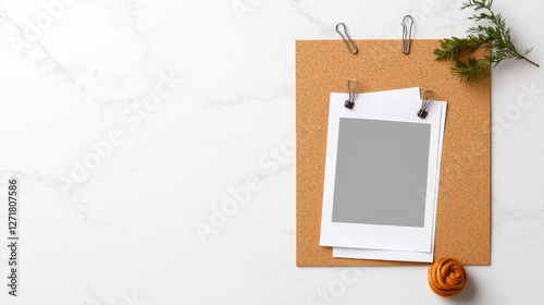 Blank Paper Mockup On Corkboard With Greenery And Marble Background