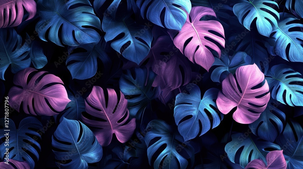 Colorful monstera leaves creating a vibrant backdrop, showcasing shades of blue and purple. Colorful monstera leaves creating a vibrant backdrop, showcasing shades of blue and purple.