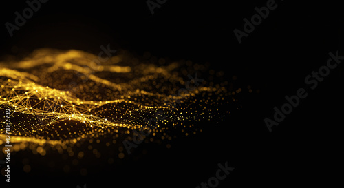 Abstract digital network background banner with glowing light and connecting data dots in black and gold colors. Generative AI.