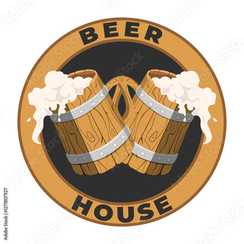Vector logo for Beer House, brown decorative sign board with illustration of full beer glass with foam. Original vintage retro art badge ciecle logo design template