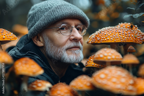 People Collecting Mushrooms in a Colorful Autumn Forest Scene, Generative AI
