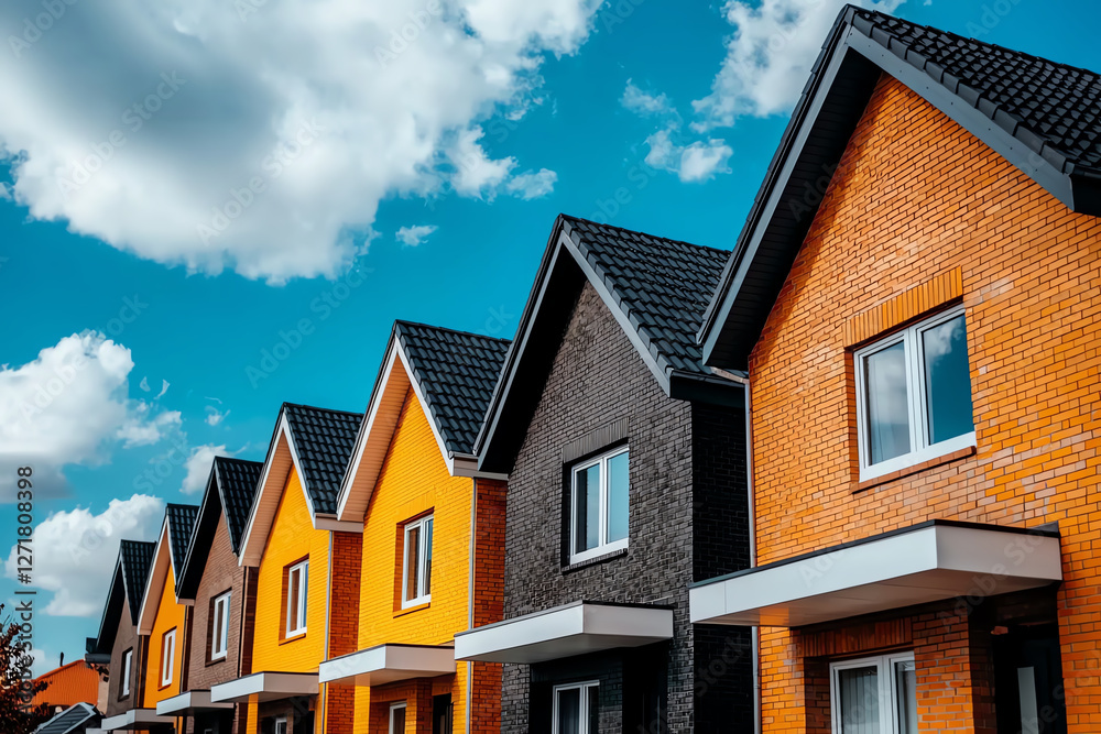 Modern houses with colorful facades under bright blue sky and fluffy clouds. vibrant colors of brick exteriors create cheerful atmosphere Modern houses with colorful facades under bright blue sky and fluffy clouds. vibrant colors of brick exteriors create cheerful atmosphere