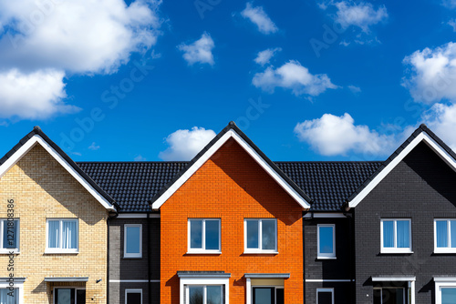 Modern brick houses with colorful facades under bright blue sky. vibrant orange house stands out among neutral tones, creating cheerful atmosphere