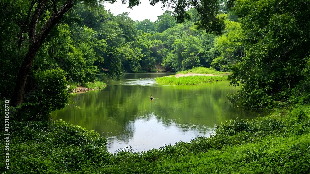 Fototapeta premium Serene Green River Landscape with Lush Vegetation
