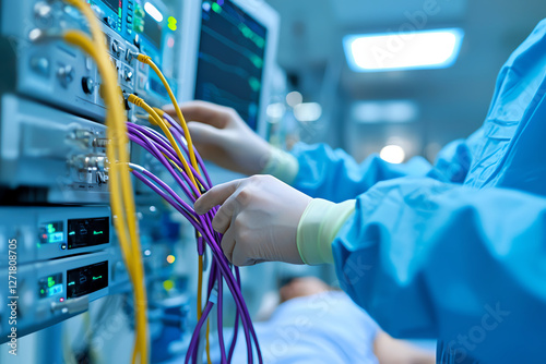 Close up of hands connecting medical equipment in hospital setting, showcasing importance of technology in patient care. scene reflects professional and sterile environment