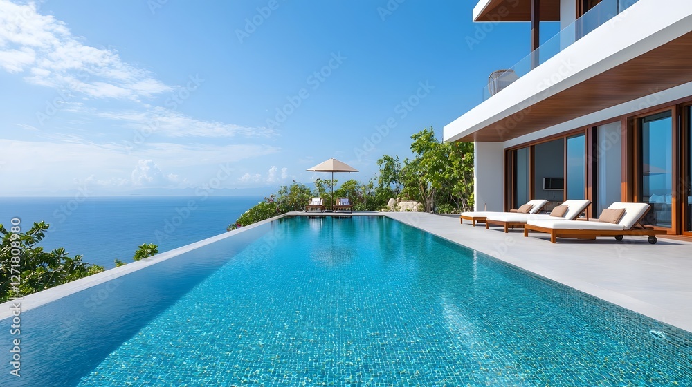 Fototapeta premium Luxurious villa with cantilevered infinity pool overlooking the vast stunning ocean panorama