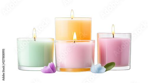 A row of five candles with different colors and sizes