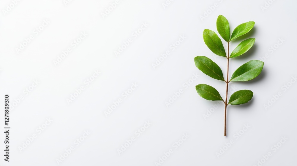 Close Up Green Leaf Branch On White Background In Studio Setting With Gentle