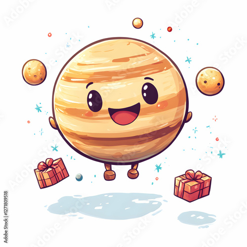 Jupiter joyfully giving small presents to its moons in a cheerful cosmic atmosphere filled with stars photo
