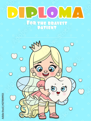 Diploma for the bravest patient with cute tooth fairy on blue background