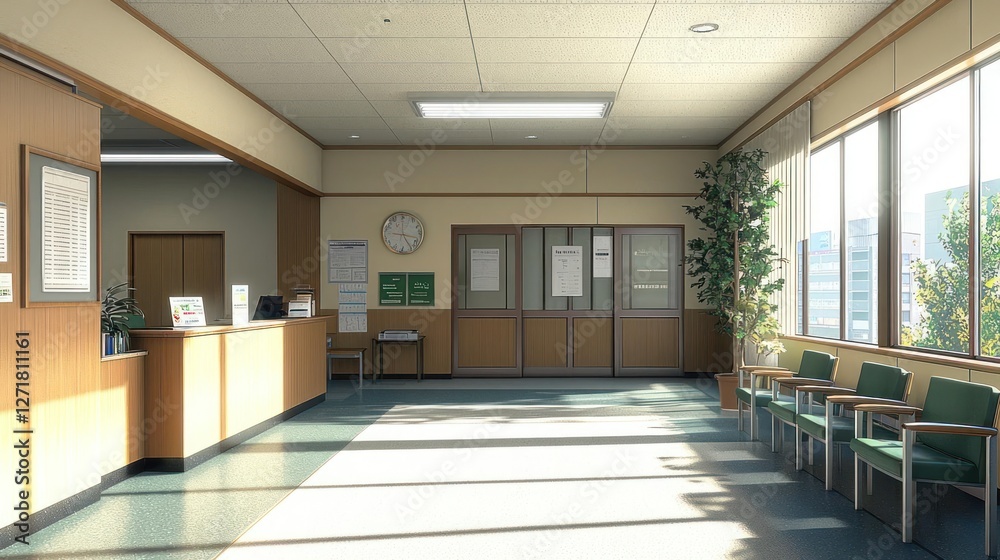 Bright Office Lobby with Wooden Reception Desk and Green Chairs Bright Office Lobby with Wooden Reception Desk and Green Chairs