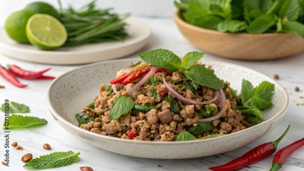 Savoring larb a spicy minced pork salad with toasted rice powder and fresh mint thai cuisine culinary delight vibrant setting gourmet perspective Savoring larb a spicy minced pork salad with toasted rice powder and fresh mint thai cuisine culinary delight vibrant setting gourmet perspective