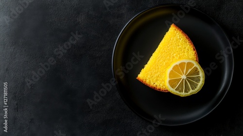 A Slice of Lemon Cake with a Perfect Lemon Wedge on a Dark Plate