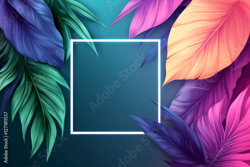 Colorful background with a white square in the middle. The square is surrounded by green, purple, and orange leaves