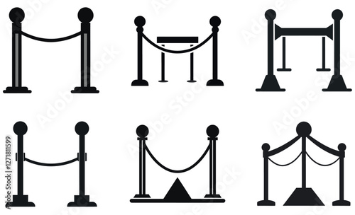 Simple black and white vector illustrations of different rope barriers and post configurations for event control.
