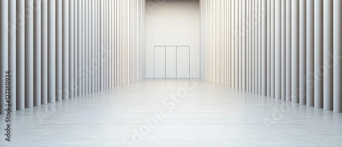 A minimalist hallway features tall columns and a smooth floor, creating a serene and spacious atmosphere.