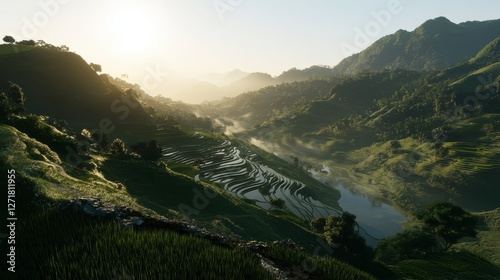 Awe-Inspiring Mountain Valley with Lush Green Rice Terraces
