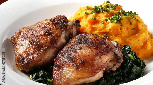 Scrumptious Roasted Chicken with Mashed Sweet Potato and Spinach