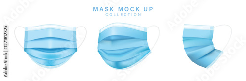 Surgical face mask, vector illustration. Blue medical protective masks, from different angles isolated on white. Corona virus protection mask with ear loop, in a front, three-quarters, and side views.