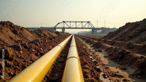 Bright yellow pipelines installed during infrastructure development project near a steel bridge