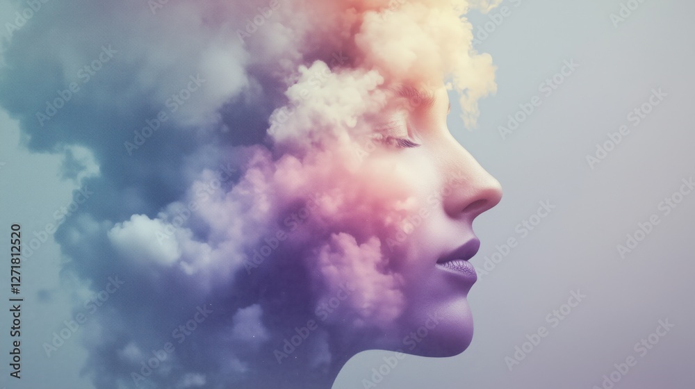 A serene woman’s profile surrounded by colorful clouds, creating a dreamy atmosphere. A serene woman’s profile surrounded by colorful clouds, creating a dreamy atmosphere.
