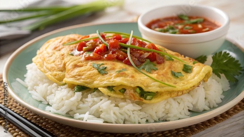 Savor crispy thai omelet (kai jeow) with chili sauce over jasmine rice in a cozy kitchen setting photo