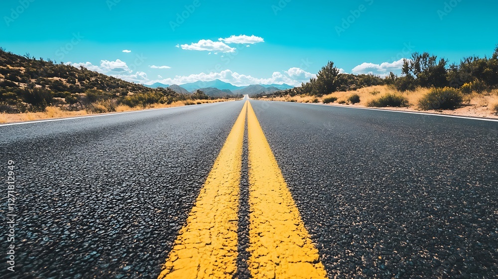 Naklejka premium A desert highway stretches towards distant mountains under a blue sky