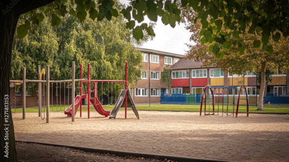Vibrant Playground Amidst Modern Housing Complex. A Peaceful Urban Oasis for Children. Vibrant Playground Amidst Modern Housing Complex. A Peaceful Urban Oasis for Children.