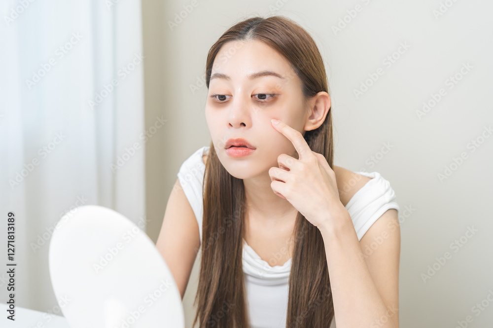 Black eye, dark eye healthcare concept. Bored with insomnia asian young woman, girl looking the at mirror, hand touching under eyes with problem of circles or panda puffy, swollen and wrinkle on face. Black eye, dark eye healthcare concept. Bored with insomnia asian young woman, girl looking the at mirror, hand touching under eyes with problem of circles or panda puffy, swollen and wrinkle on face.