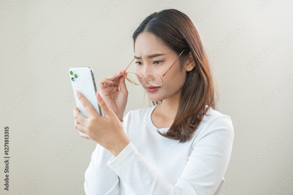 Presbyopia, Hyperopia middle aged asian woman holding eyeglasses problem with vision blurred ,trying to read text message from smart mobile phone screen, eye disease of old, eyesight farsightedness. Presbyopia, Hyperopia middle aged asian woman holding eyeglasses problem with vision blurred ,trying to read text message from smart mobile phone screen, eye disease of old, eyesight farsightedness.