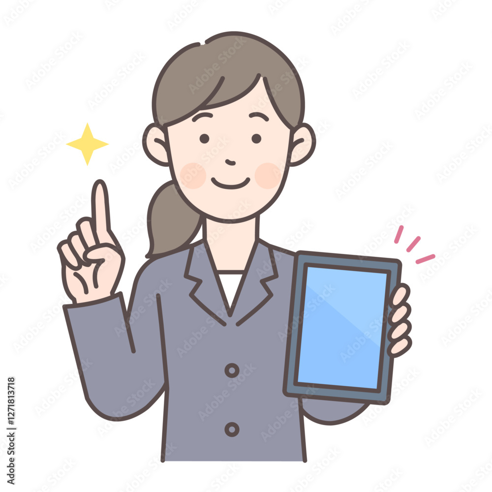 人物_線画03_タブレットを持つ会社員女性_ol