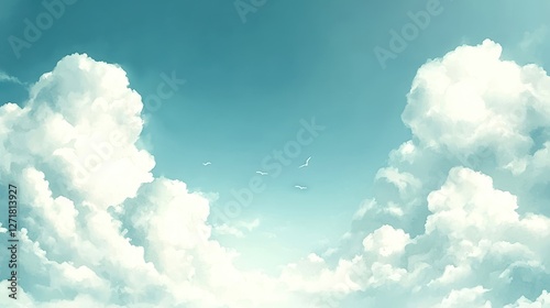Beautiful fluffy clouds in a clear blue sky, perfect for tranquil and serene backgrounds.