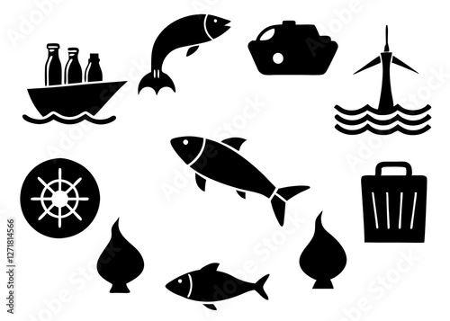 Ocean pollution vector illustration. Rubbish in a whale Ecological poster. Hand drawn plastic garbage: Bottle, Package, Contamination, disposable dish, straw. Keep