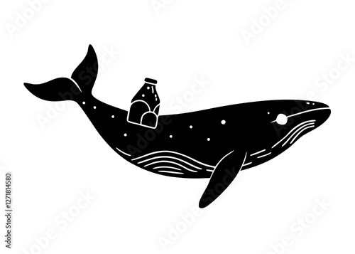 Ocean pollution vector illustration. Rubbish in a whale Ecological poster. Hand drawn plastic garbage: Bottle, Package, Contamination, disposable dish, straw. Keep