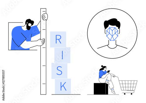 Man measures risk levels with ruler, face recognition in circle, woman shopping online while beside a cart. Ideal for risk management, biometrics, security, technology, e-commerce, shopping internet