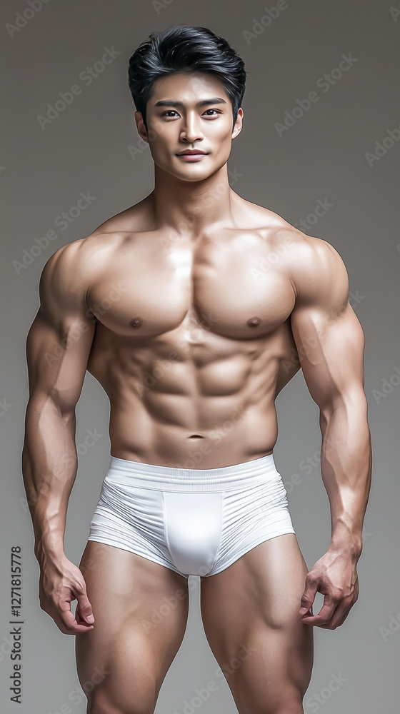 Fototapeta premium Athletic Asian Male Model Showcasing Elegance