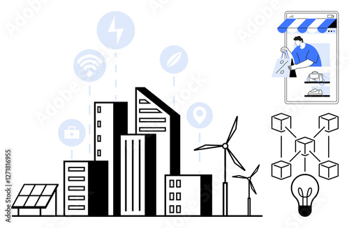 Skyscrapers, wind turbines, solar panels, and connectivity icons. Mobile shopping and blockchain graphics. Ideal for smart cities, renewable energy, e-commerce, technology urban planning