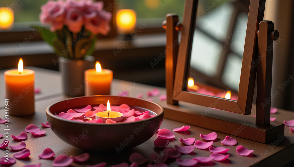 Classic rectangular mirror reflecting soft candlelight with floating petals in bowl for Nowruz