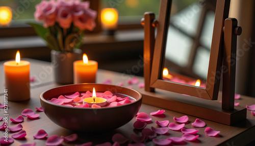 Obraz na płótnie Classic rectangular mirror reflecting soft candlelight with floating petals in bowl for Nowruz
w salonie