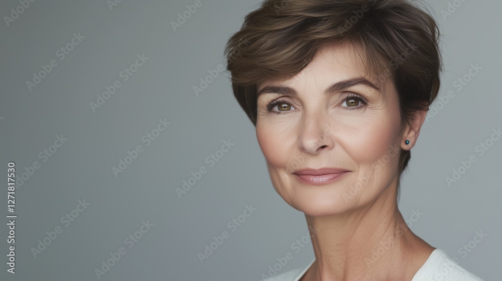 Portrait of a Confident Mature Woman With Chic Short Haircut and Radiant Beauty Portrait of a Confident Mature Woman With Chic Short Haircut and Radiant Beauty