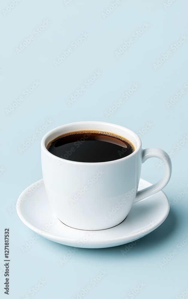Hot Coffee In White Cup On Saucer On A Pale Blue Background Studio Hot Coffee In White Cup On Saucer On A Pale Blue Background Studio