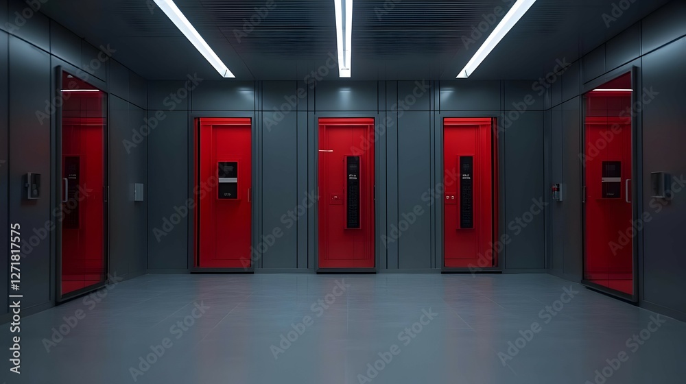 Modern Futuristic Corridor with Red Doors and Dark Grey Walls Modern Futuristic Corridor with Red Doors and Dark Grey Walls