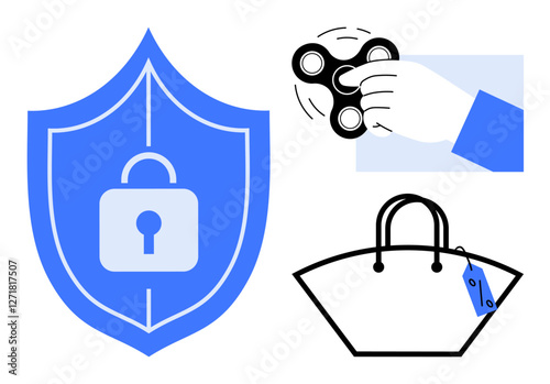 Security shield with a padlock symbol, hand holding a fidget spinner, and a handbag with a tag. Ideal for security, stress relief, shopping, personal protection, consumer goods, mental health